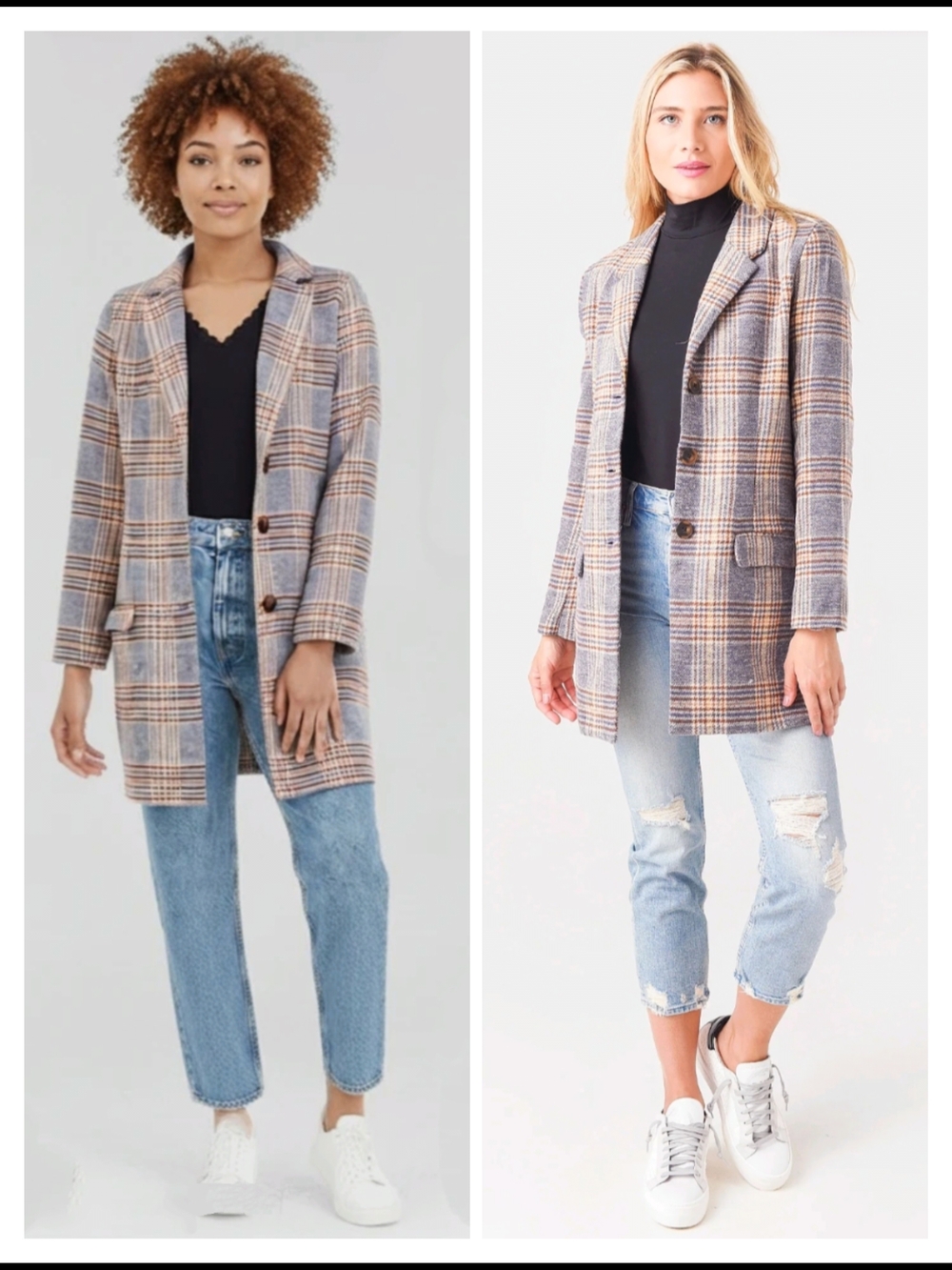 BB Dakota by Steve Madden Plaid Long Blazer in Gray and Tan